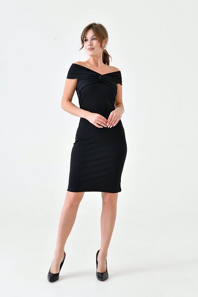 WOMAN VISION Černé dámské šaty midi délky z elastické látky - 5038