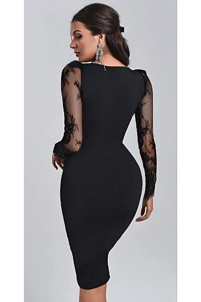 Kokosh moda Γυναικείο μακρυμάνικο κρεπ φόρεμα με λεπτομέρεια από τούλι