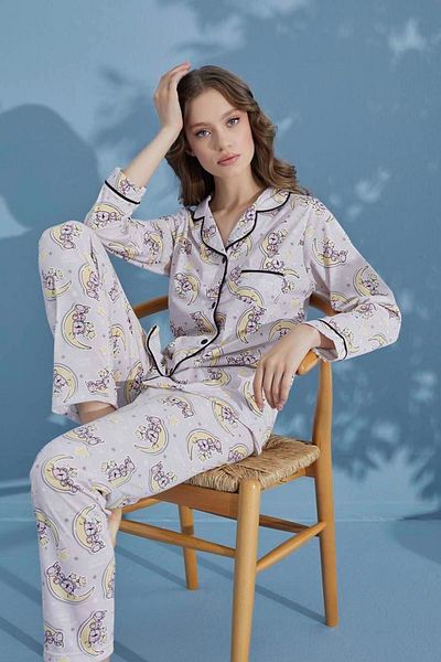 seamlife Set de pijamale pentru femei, 100% bumbac, cu model Blue Moon - guler de cămașă, cu nasturi, mâneci lungi