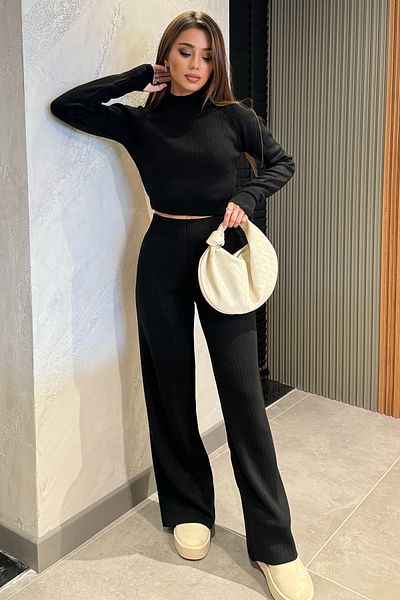 GÜLSELİ Black Women's Half Fisherman Knitted Crop Sweater Trousers Knitwear Top and Bottom Set