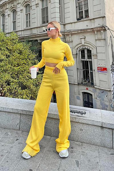 Swist Sárga Half Half Knit Crop Pulóver Nadrág Kötött Alsó Felső szett