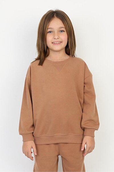 Kız Çocuk Bisiklet Yaka Camel Sweatshırt (2-7 Yaş)