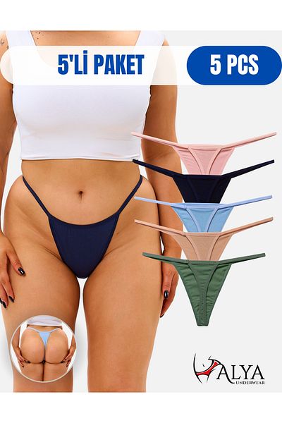 ALYA UNDERWEAR Women's String Thong Panties - Pack of 5 (POWDER, BLUE, PINK, GREEN, NAVY) 1301p
