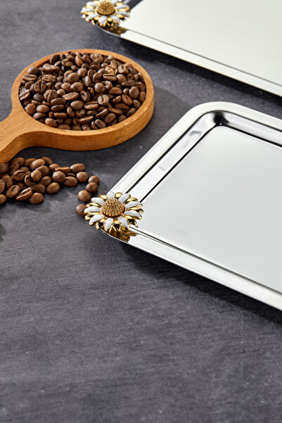 Turkco Noir Elegant Series - Bella Flora Handle Patterned Chrome Presentation Tray, 22X16Cm, 3 Pieces