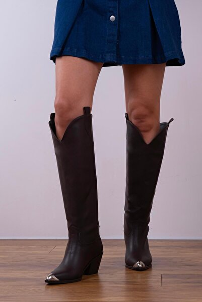 sovrana Burnu Metal Detaylı Kovboy Çizme Acı Kahve