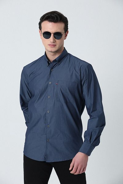 Brothers Ανδρικό πουκάμισο Indigo Blue - Comfort Fit, μακρυμάνικο, μονή τσέπη, ύφασμα τζιν που πλένεται