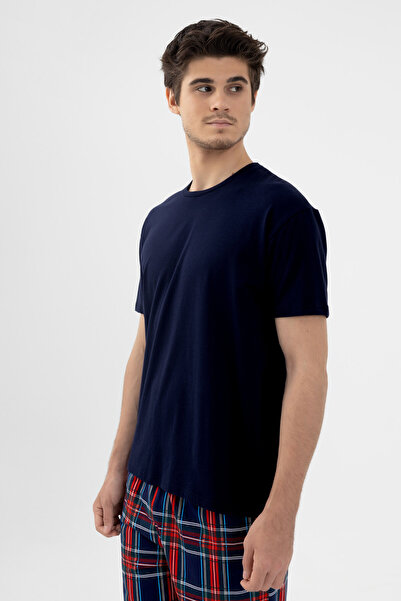 koza iç giyim Men's Plaid Patterned Cotton Short Sleeve Pajama Set