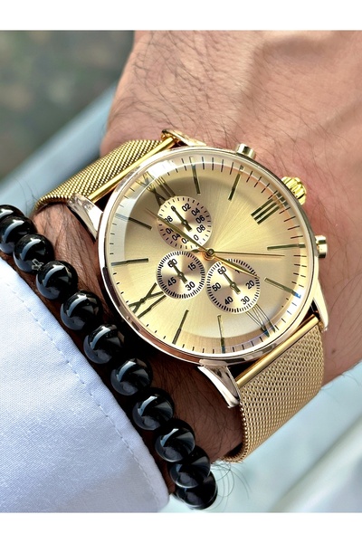 Tisaati Classic Tasarım Premium Serisi Roma Rakamlı Hasır Kordon Erkek Kol Saati-Bileklik Hediyeli