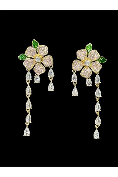 begüm jewelery YONCA FİGÜR VE YAPRAKLI TAŞLI GOLD TASARIM KÜPE