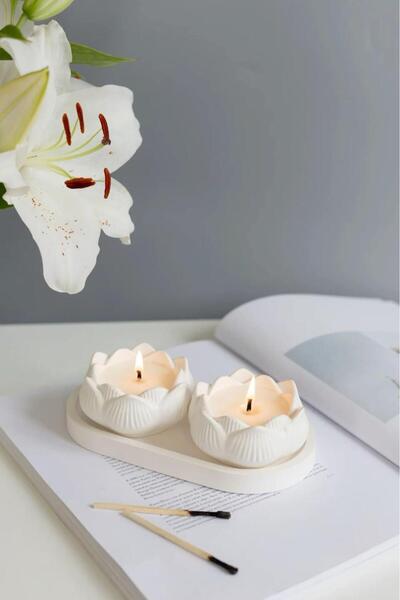 LALEZEN HOME Beyaz stant İkili Kokulu Gül Mum Seti