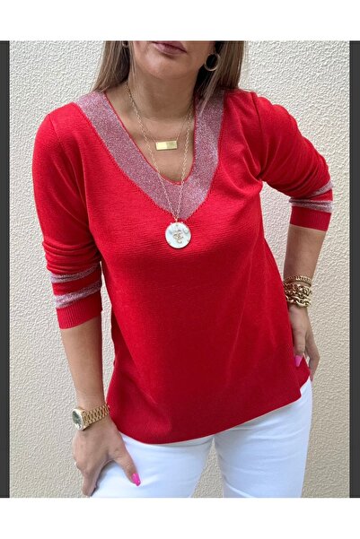 D LAVELLA V yakalı sim detaylı salaş yandan yırtmaçlı triko bluz