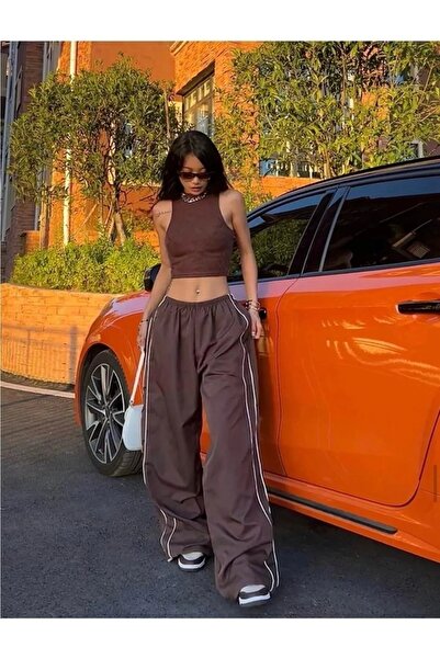 Violon Harajuku Ζευγάρι ριγέ καφέ αθλητική φόρμα με φερμουάρ Λεπτομέρεια καφέ...