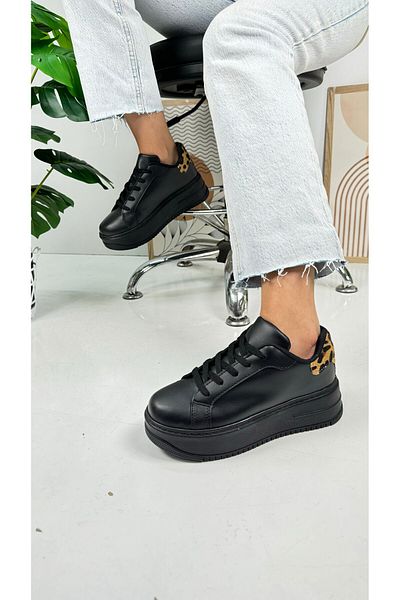 Allyup Pantofi de damă leopard negru casual, cu șireturi, pantofi de mers cu talpă înaltă, ușoare, groase 065