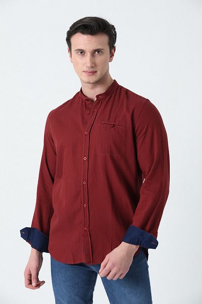 Brothers Men's Tailored Fıt Long Sleeve Turtleneck Fleto Pocket Washed Shirt Claret Red