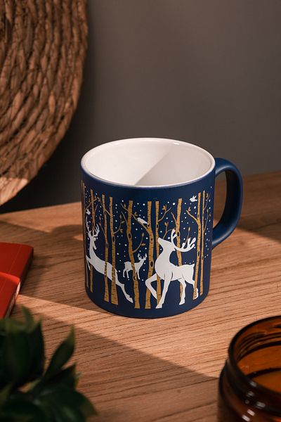 Love Bundles Navy Blue Ceramic Christmas Cup Decorated with Snowflakes and Deer |   Gift |   New Year's |   Decorative
