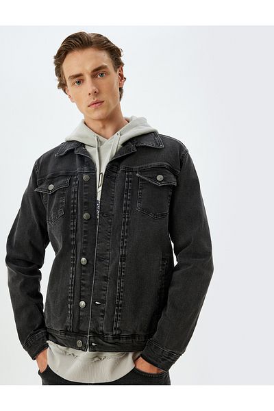 Koton Übergroße Denim-Jacke aus Baumwolle mit Kappe und Taschendetail