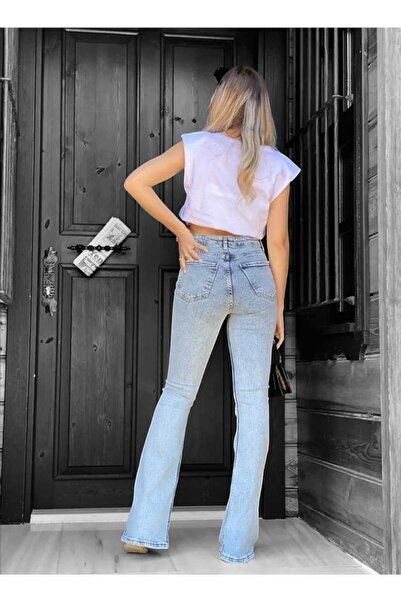 DRC trend Alex Buz Kar Ispanyol Mavi Kot Yüksek Bel Mavi Kar Yıkama Flare Jeans Kot Pantolon