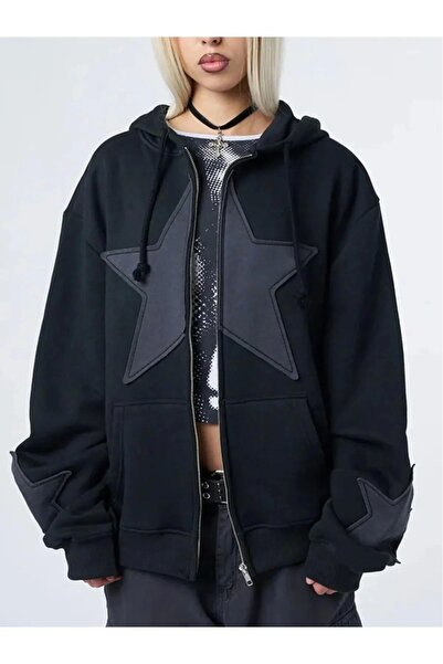 Violon Limited Edition Y2k Yıldız Desenli Yama Detaylı Unisex Oversize Siyah ...