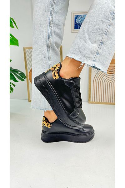 Allyup Pantofi de damă leopard negru casual, cu șireturi, pantofi de mers cu talpă înaltă, ușoare, groase 065