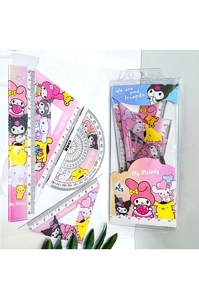 Choice 1 Set Cartoon Student Ruler 4 Piece Set Kawaii My Melody Kuromi Triangular Plate Protractor Measuri