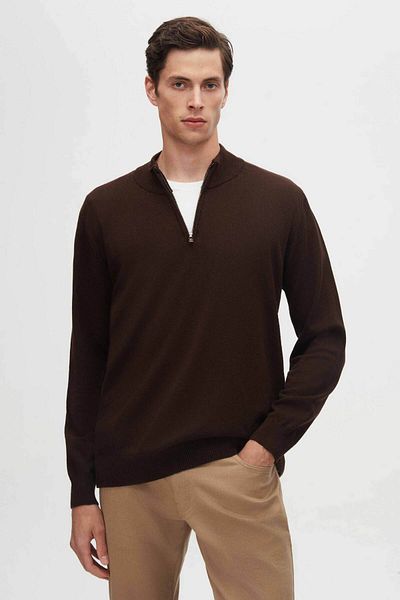 D'S Damat Ds Damat Slim Fit Кафяв трикотажен пуловер с половин цип