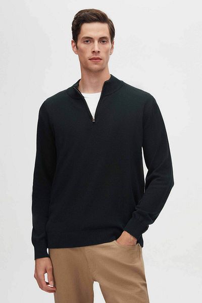 D'S Damat Πλεκτό πουλόβερ Ds Damat Slim Fit Khaki με μισό φερμουάρ