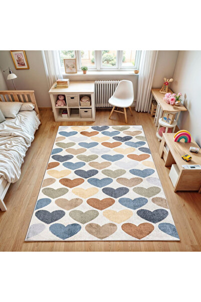 Rugs Modern Halı Asya Koleksiyonu Pastel Tonlarda Kalpler Desenli Dokuma Taba...
