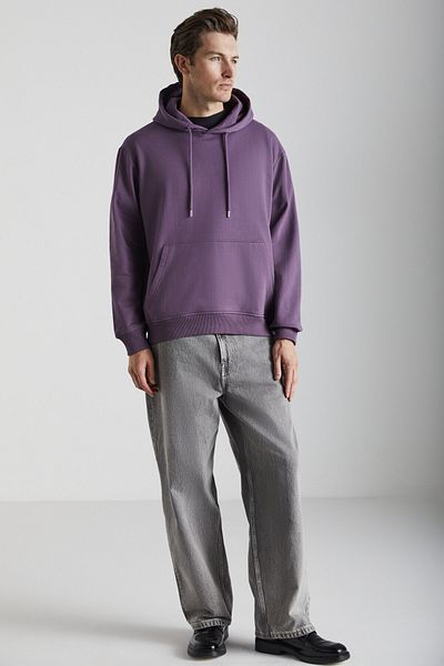 GRIMELANGE Men's Fleece Organic Cotton Regular Kangaroo Pocket Hooded Purple Sweatshirt