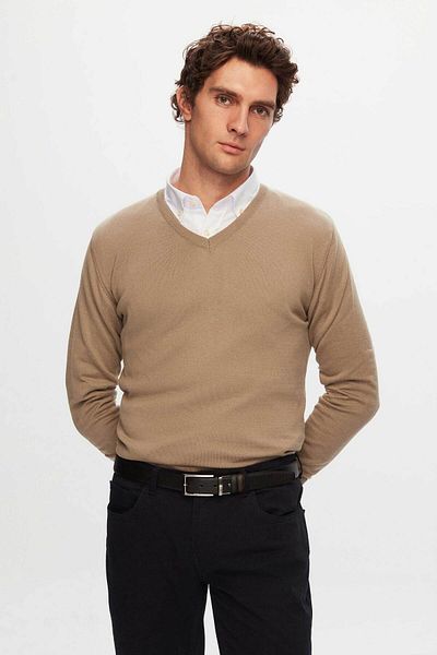 D'S Damat Ds Damat Slim Fit Beige βαμβακερό πλεκτό και πουκάμισο 2 τεμαχίων με λαιμόκοψη