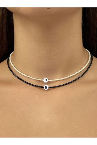 Stoneday Black and White 2 Pieces Minimal Sand Beads Necklace with Letter End