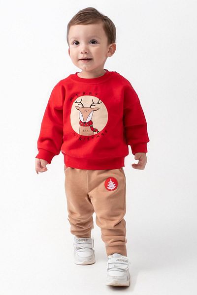 Minigimin Cicileri Flowers of My Toddler (6-18 Months) - Deer Printed Baby Boy Set, Three Strings Without Raster, Red