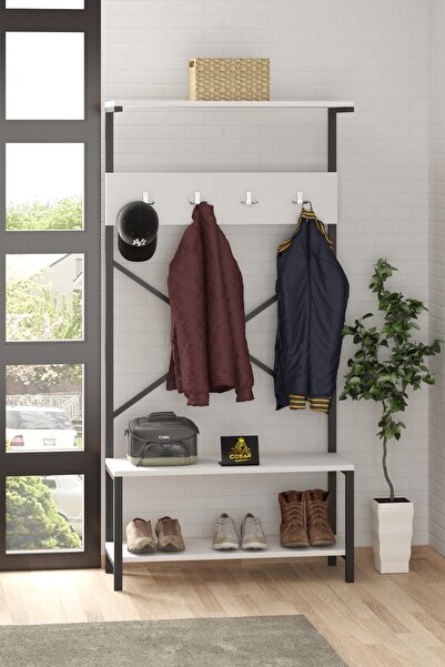 Cosargroup Metal Portmanto Askılık Vestiyer Ayakkabılık Dolabı Ceviz Açık Gardırop