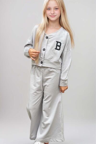 Riccotarz Κοριτσίστικα γράμματα με στάμπα με κουμπιά κολεγιακή ζακέτα φαρδιά κομμένη γκρι φόρμα