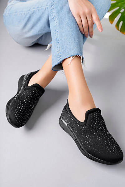 Nexs Kadın Siyah Full Taşlı Alçak Taban Ortopedik Ayakkabı