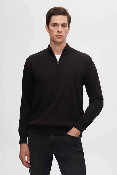 D'S Damat Ds Damat Slim Fit Черен трикотажен пуловер с половин цип