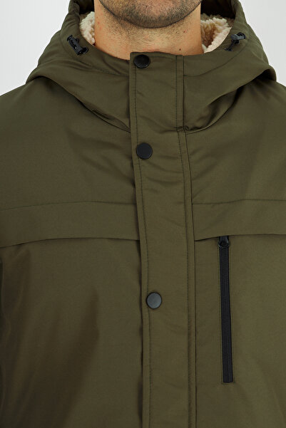 D1fference Ανδρικό Χειμερινό Παλτό Χακί - Αποσπώμενη κουκούλα, Αντιανεμική