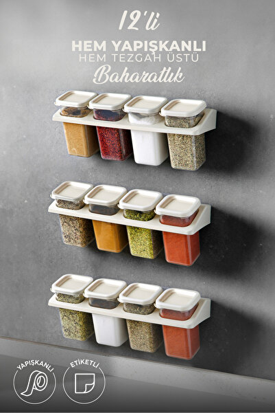 Kitchen Life Set de 12 suporturi pătrate autoadezive pentru condimente cu eti...