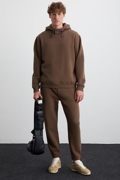 GRIMELANGE Ludwig Men &Apos; S Brown Fleece Sweatpants with Organic Cotton, Parachute Fabric, Zipper and Pockets