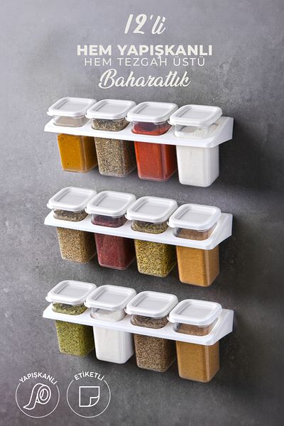 Kitchen Life Self-Adhesive Square Spice Rack Set with 12 Labels Stand - Food Storage Container Set
