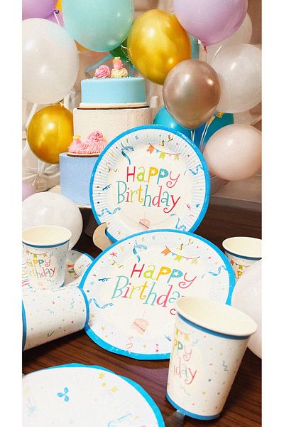 Artikel Blue Happy Birthday Use - Horse Plate and Cup Set Birthday Party Set for 8