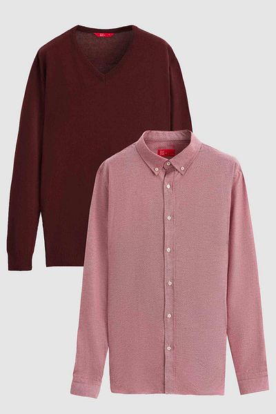 D'S Damat Ds Damat Slim Fit Claret Red pamut kevert 2 részes V-nyakú kötöttáru és ing