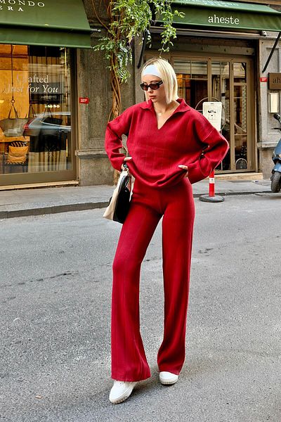Swist Rotes Pra-Polo-Kragen-Oversize-Pullover-Hose-Strick-Damen-Oberteil-Set