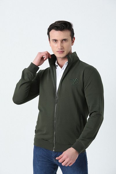 Brothers Ανδρικό φούτερ Khaki Green - Stand-up γιακά, φερμουάρ, τσέπες, βαμβακερό χτενισμένο με 2 κλωστές