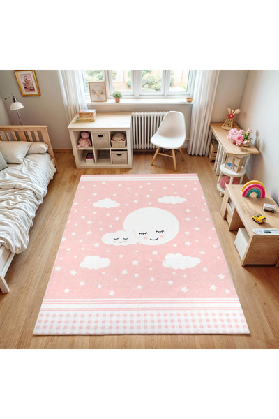 Rugs Modern Halı Asya Koleksiyonu Pembe Beyaz Ay Yıldızlar ve Bulut Detaylı D...