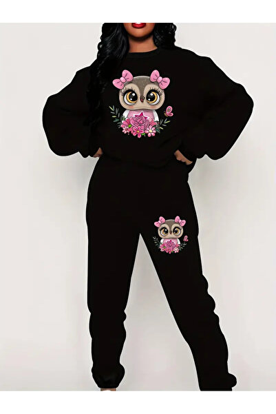 Frisson بدلة نسائية مريحة بطبعة بومة - أكمام طويلة، بلوفر برقبة دائرية وبنطلون