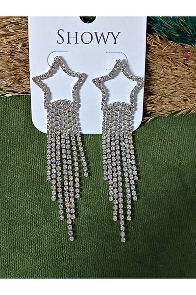 mos&more Crystal Stone Star Dangle Long Women's Evening Dress Earrings