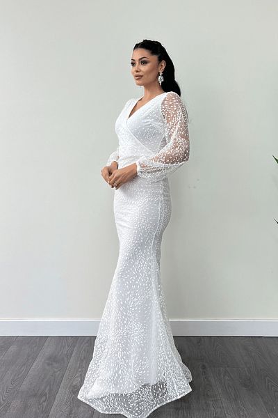 giyimmasalı Φόρεμα ψαριού με διπλό γιακά από ύφασμα Glitter - ΛΕΥΚΟ