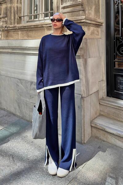 Swist Lacivert Uma İntersiye Çizgili Yırtmaçlı Oversize Kazak-Pantolon Kadın Triko Alt-Üst Takım