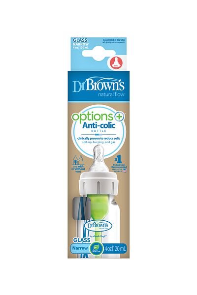 Dr.Brown's Narrow Mouth Glass Feeding Bottle and 2 Level Narrow Mouth Bottle Nipple Set