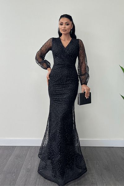 giyimmasalı Φόρεμα ψαριού με διπλό γιακά από ύφασμα Glitter - ΜΑΥΡΟ